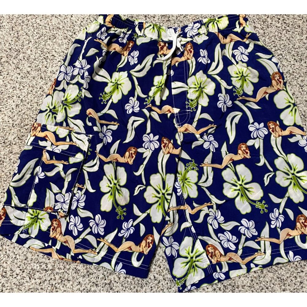 CASTAWAYS Men Swim Shorts Trunk Bikini Hula Girl Lined Floral Size LARGE